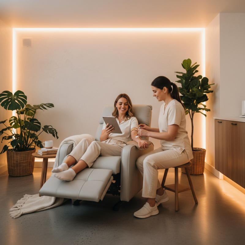 Donor relaxing in a comfortable Genei studio while giving a blood sample